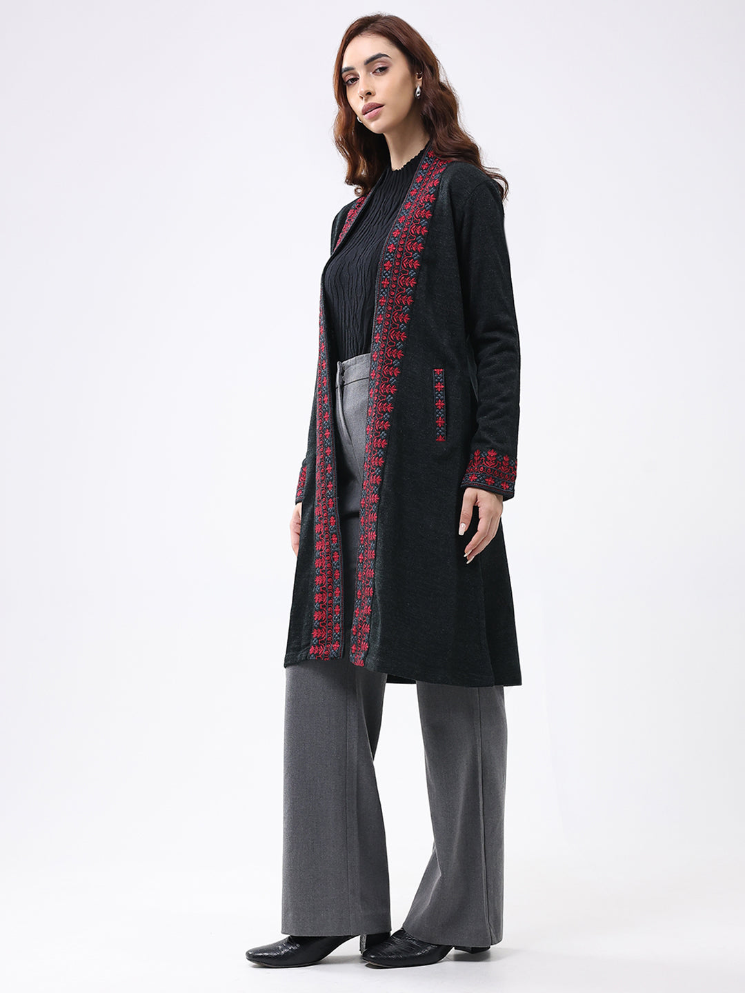 Women Black Self Design Collar Full Sleeve Cardigan
