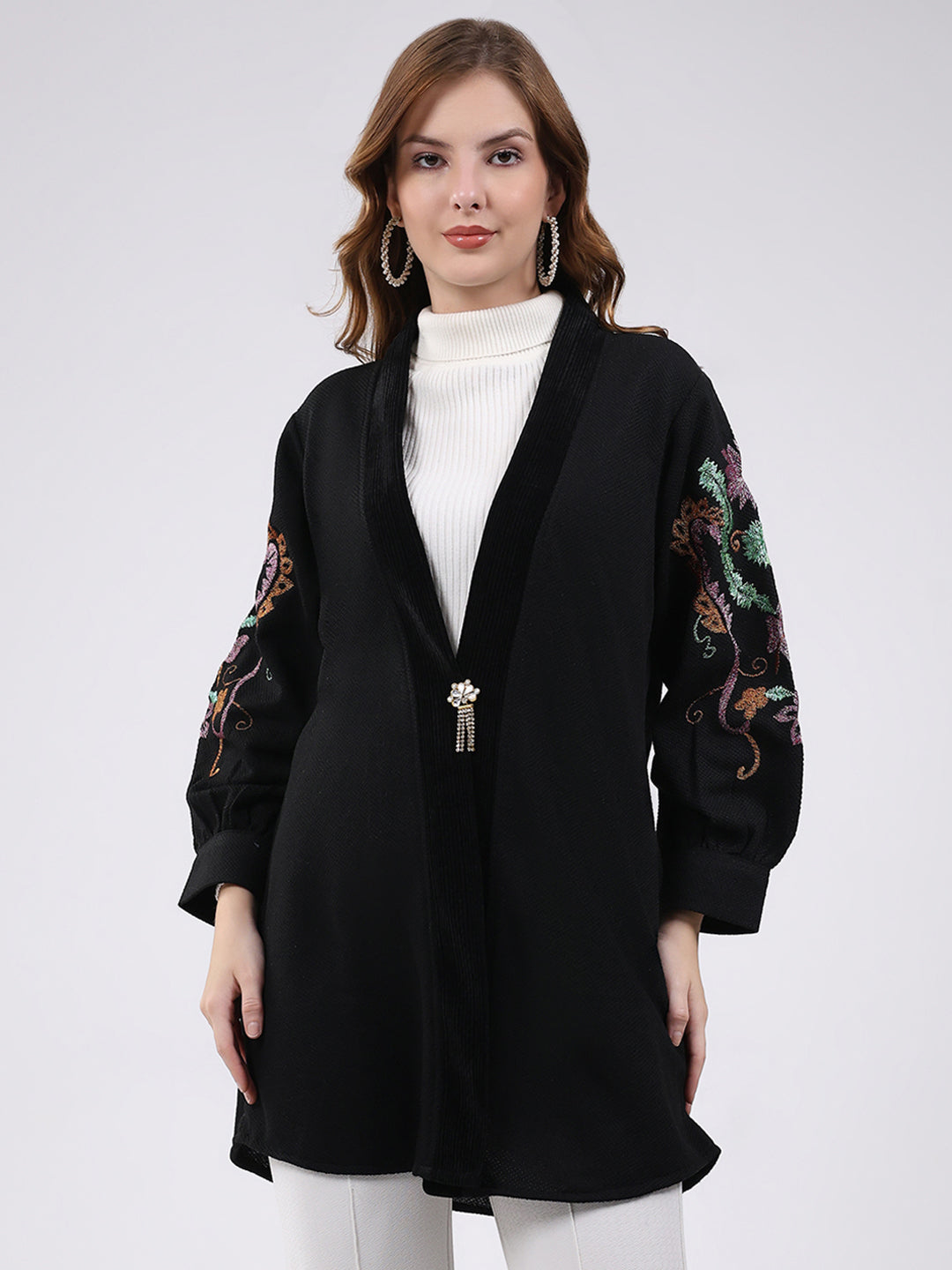 Women Black Self Design V Neck Full Sleeve Cardigan