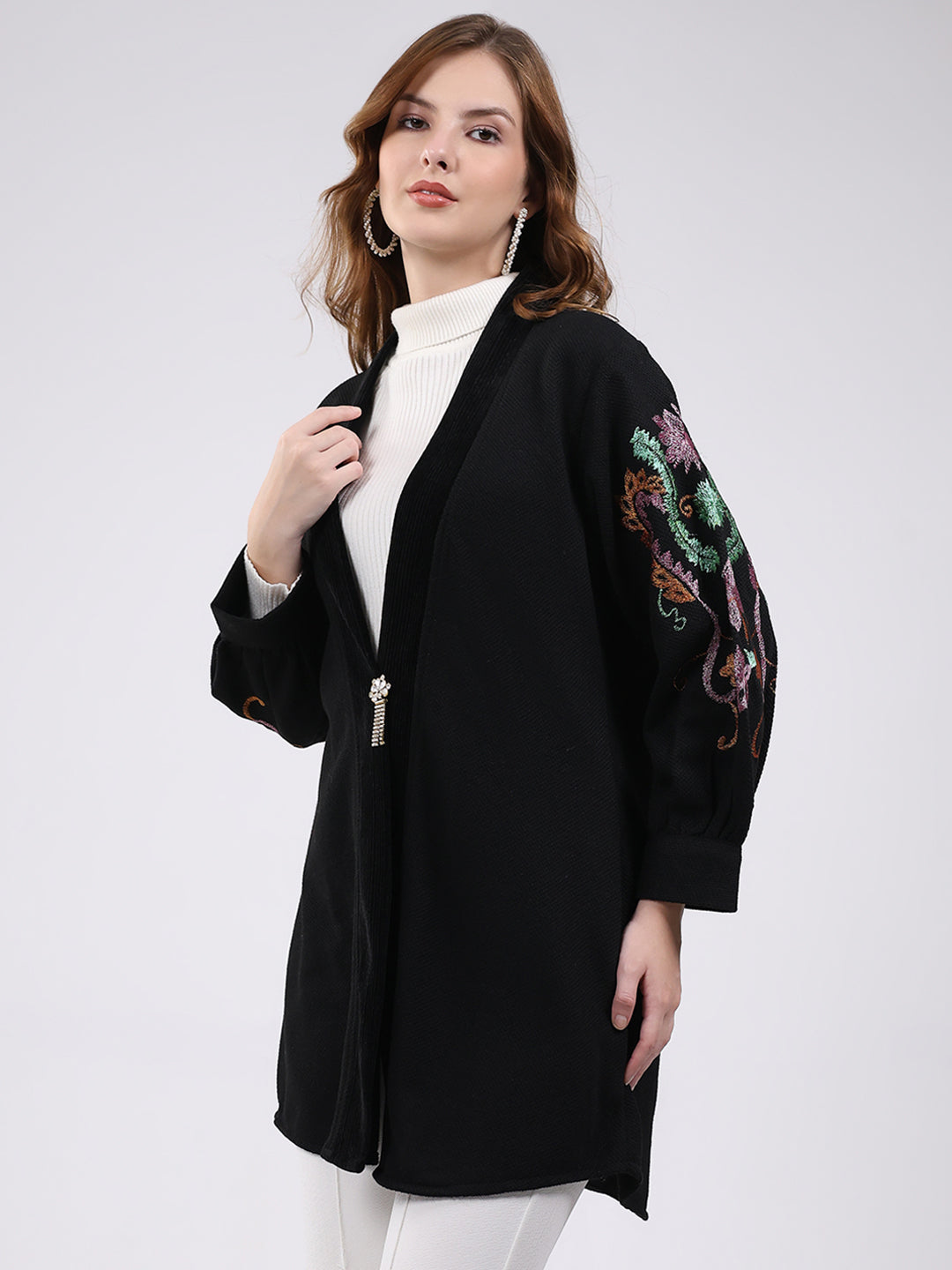 Women Black Self Design V Neck Full Sleeve Cardigan