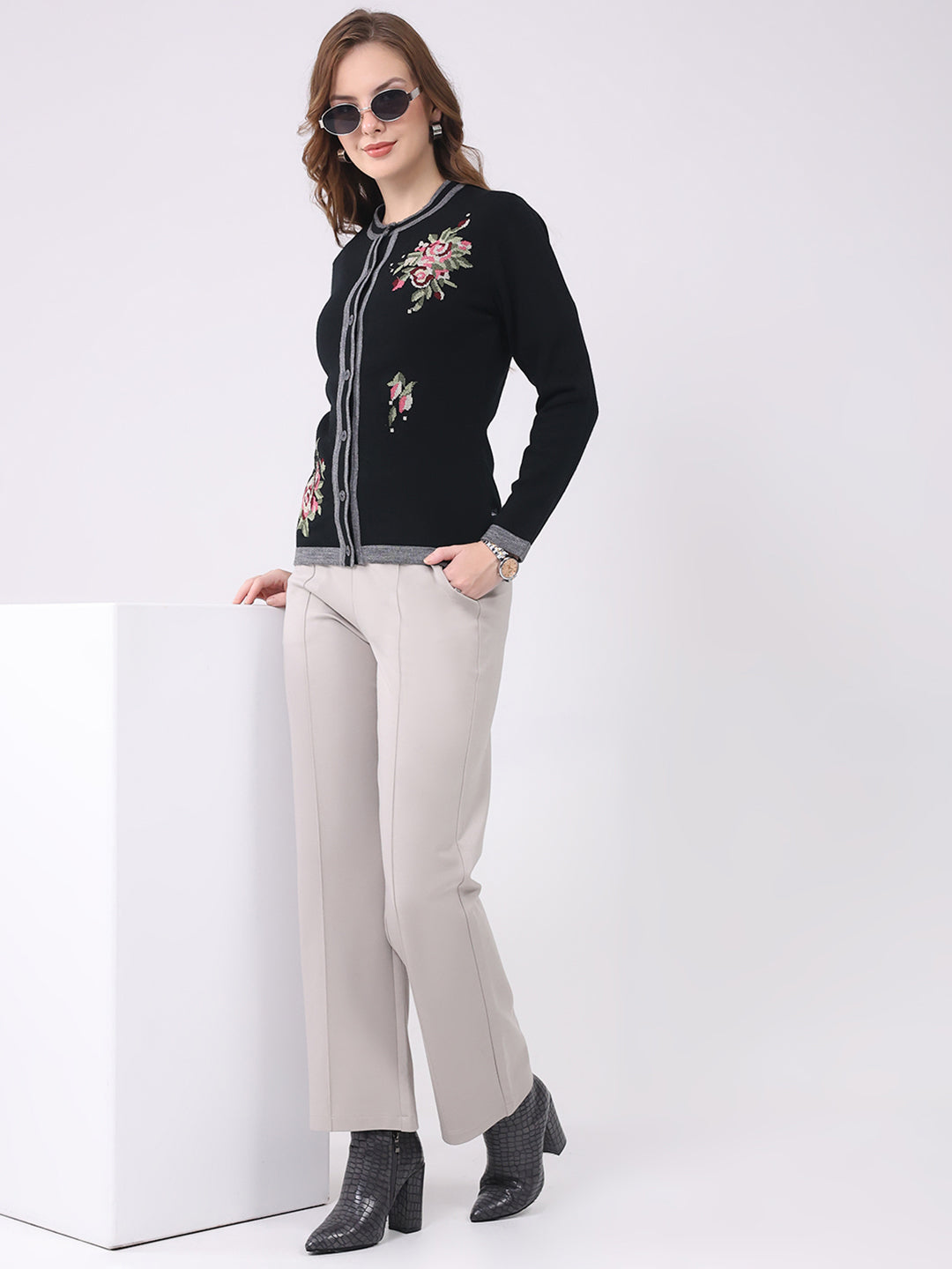 Women Black Self Design Round Neck Full Sleeve Cardigan