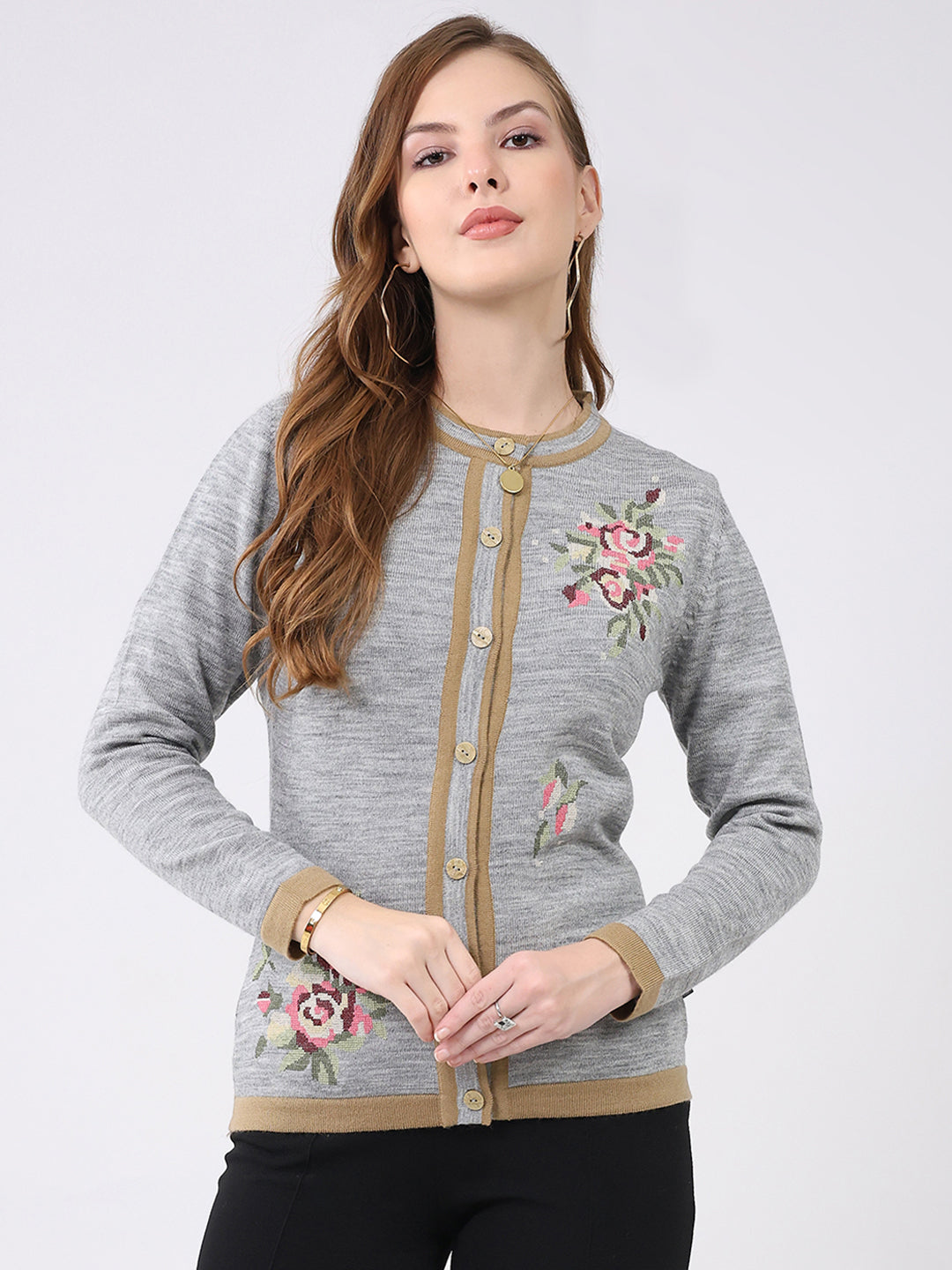Women Grey Self Design Round Neck Full Sleeve Cardigan