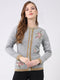 Women Grey Self Design Round Neck Full Sleeve Cardigan