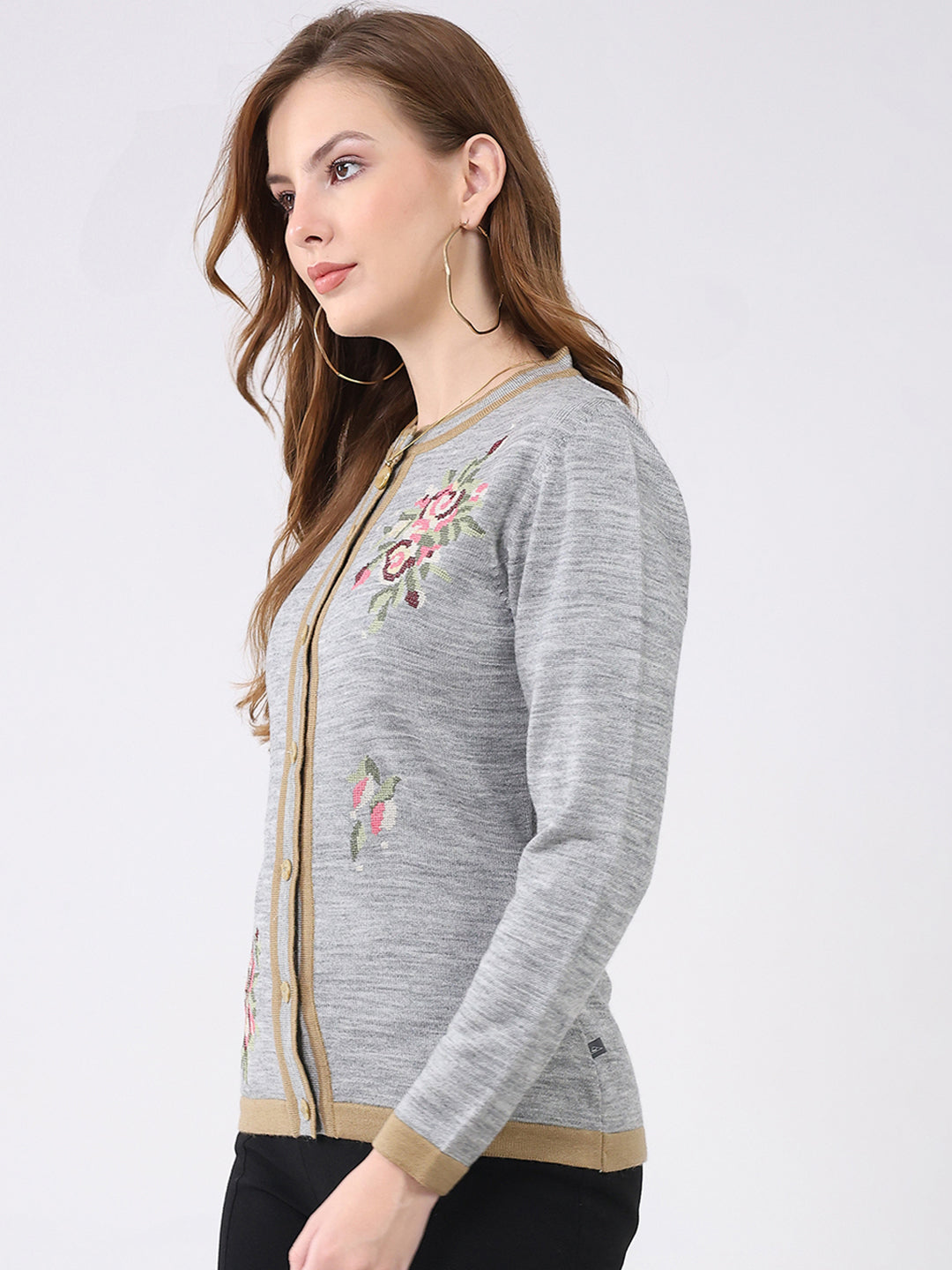 Women Grey Self Design Round Neck Full Sleeve Cardigan