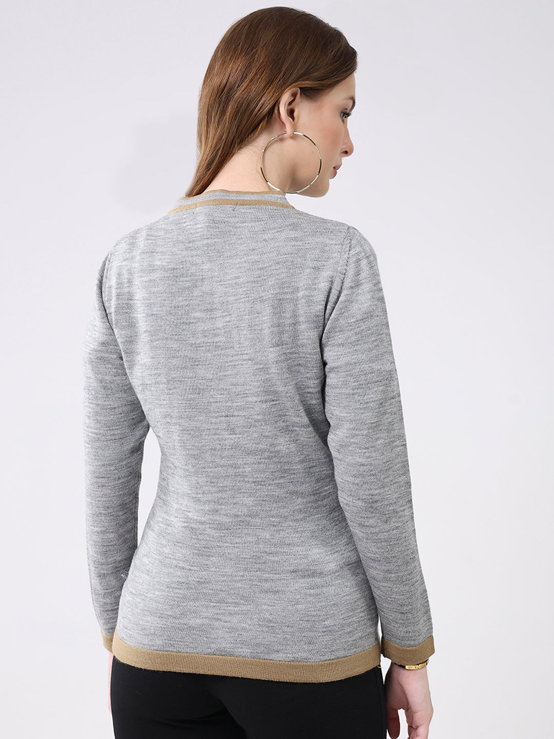 Women Grey Self Design Round Neck Full Sleeve Cardigan