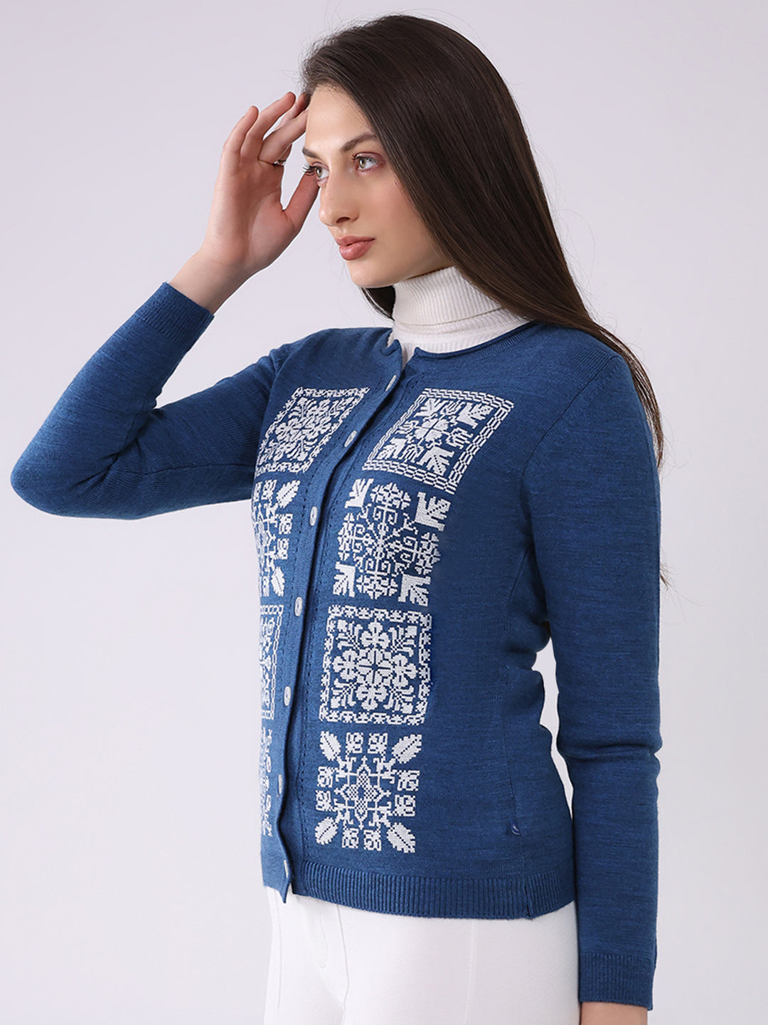 Women Blue Self Design Round Neck Full Sleeve Cardigan