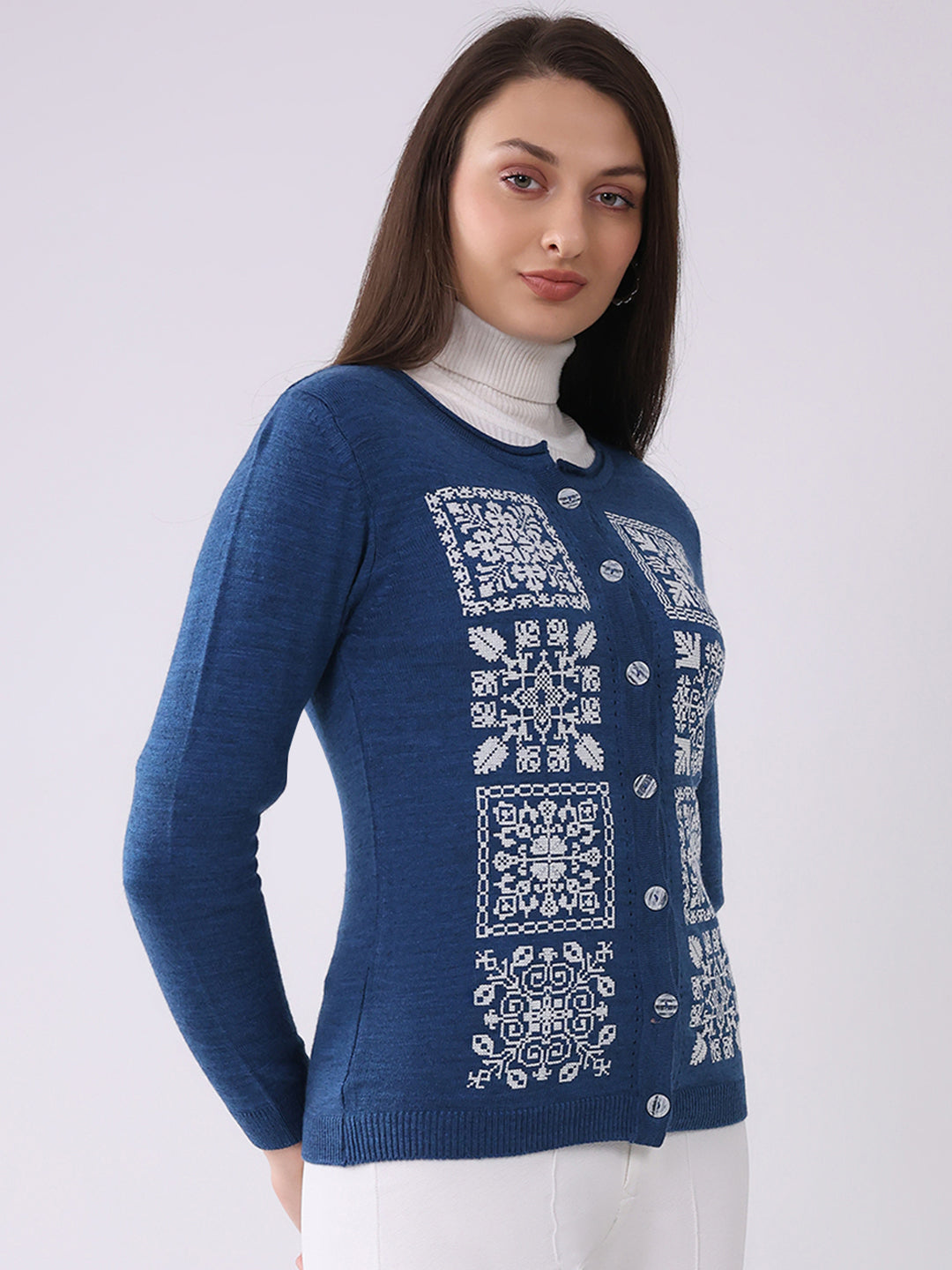 Women Blue Self Design Round Neck Full Sleeve Cardigan