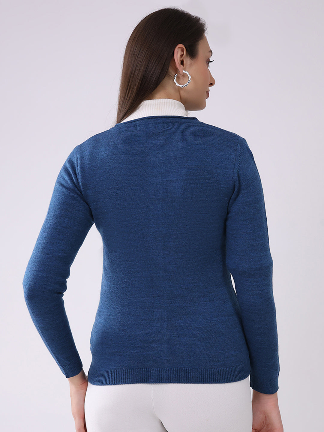 Women Blue Self Design Round Neck Full Sleeve Cardigan