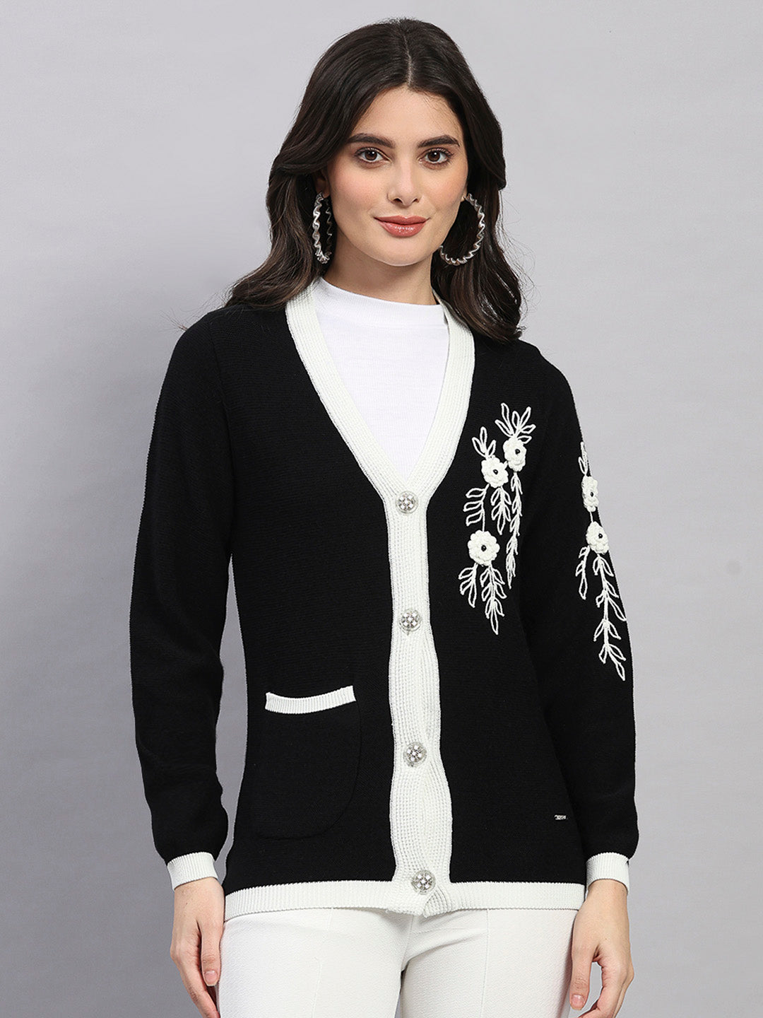 Women Black Self Design V Neck Full Sleeve Cardigan