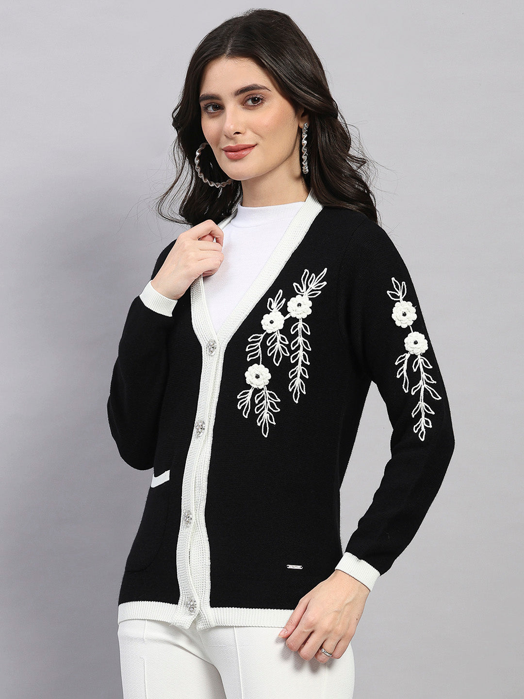 Women Black Self Design V Neck Full Sleeve Cardigan