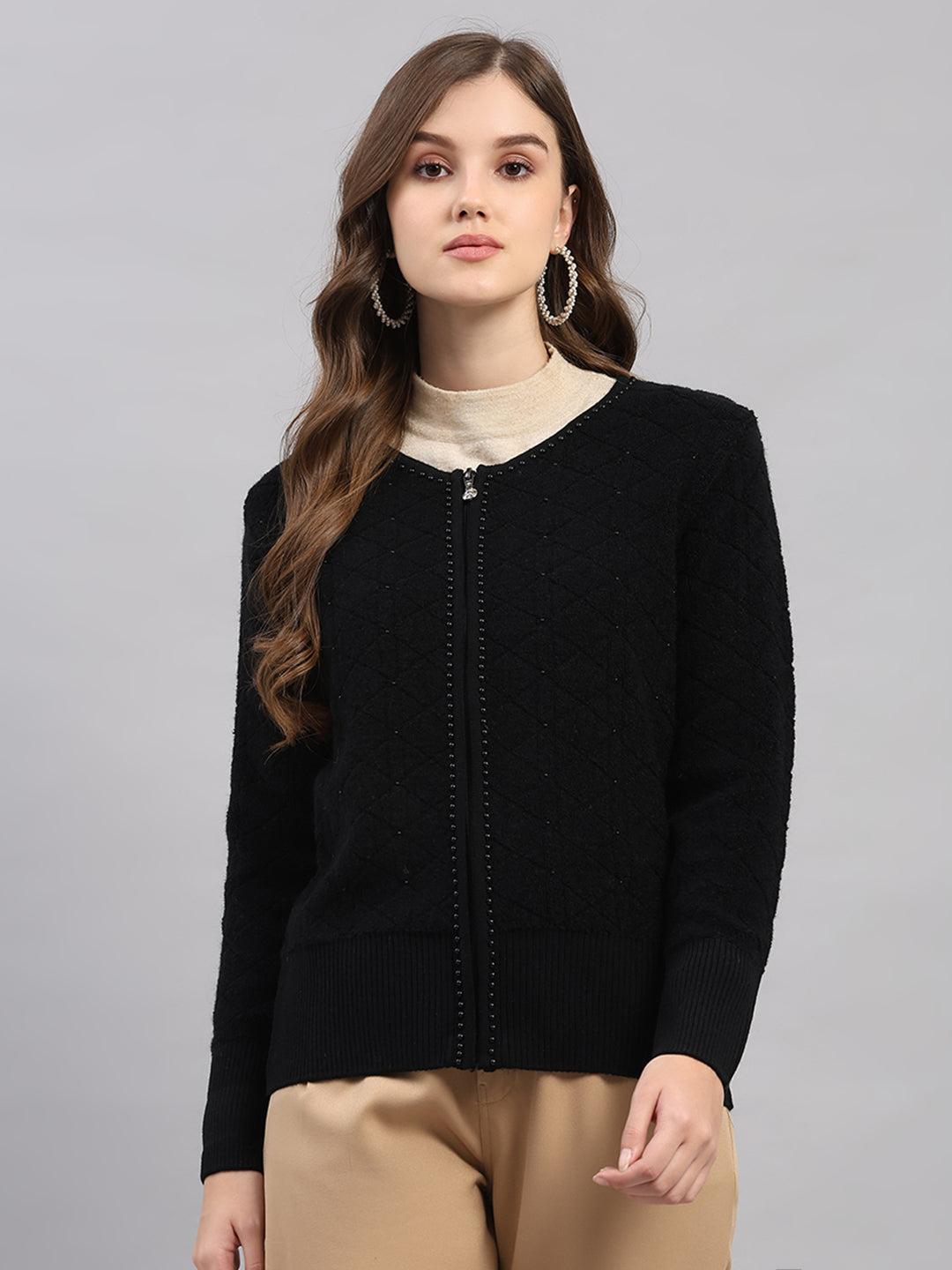 Women Black Self Design Round Neck Full Sleeve Cardigan