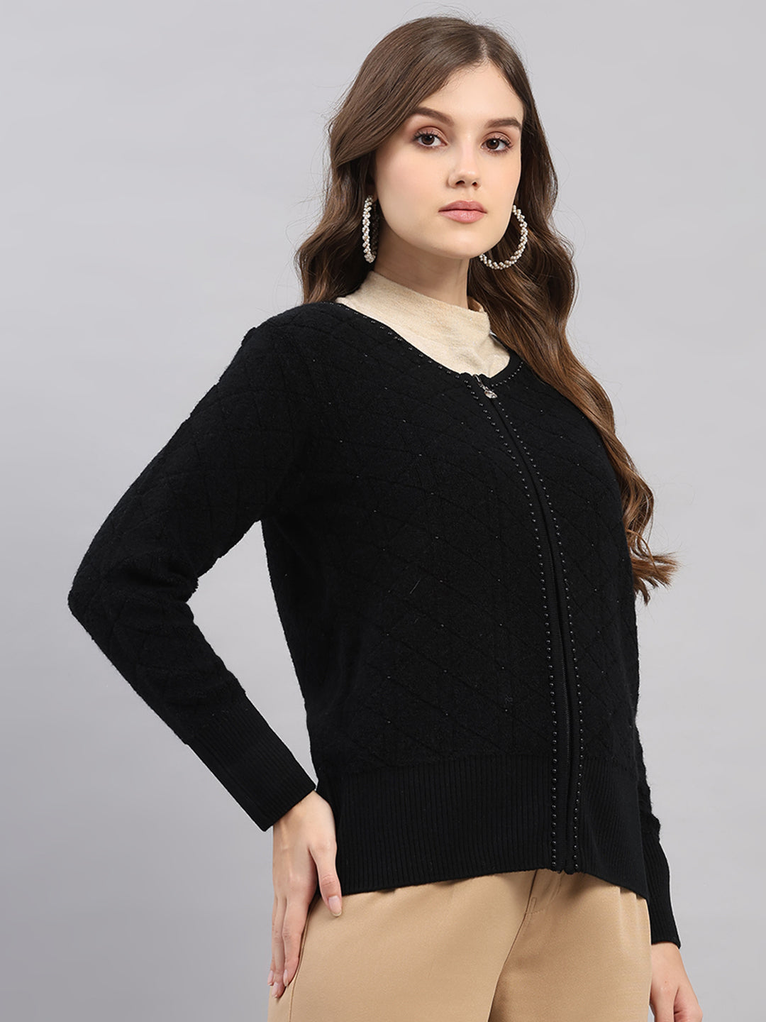 Women Black Self Design Round Neck Full Sleeve Cardigan