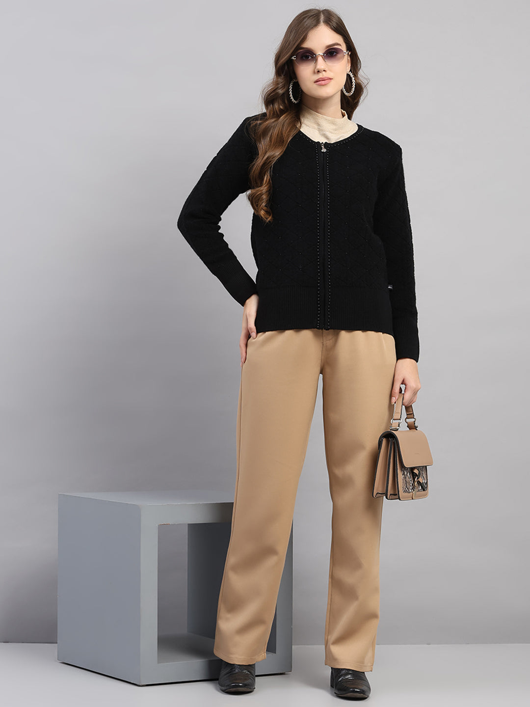 Women Black Self Design Round Neck Full Sleeve Cardigan