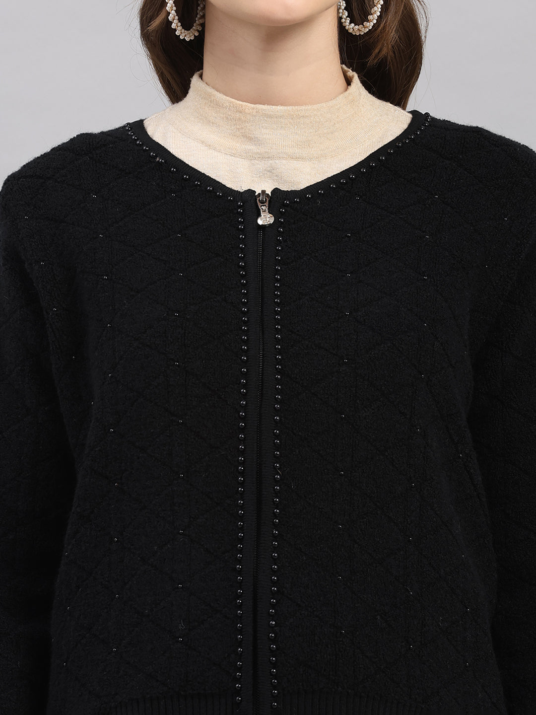 Women Black Self Design Round Neck Full Sleeve Cardigan