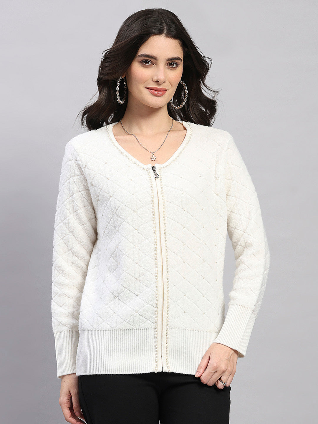 Women Off White Self Design Turtle Neck Full Sleeve Cardigan
