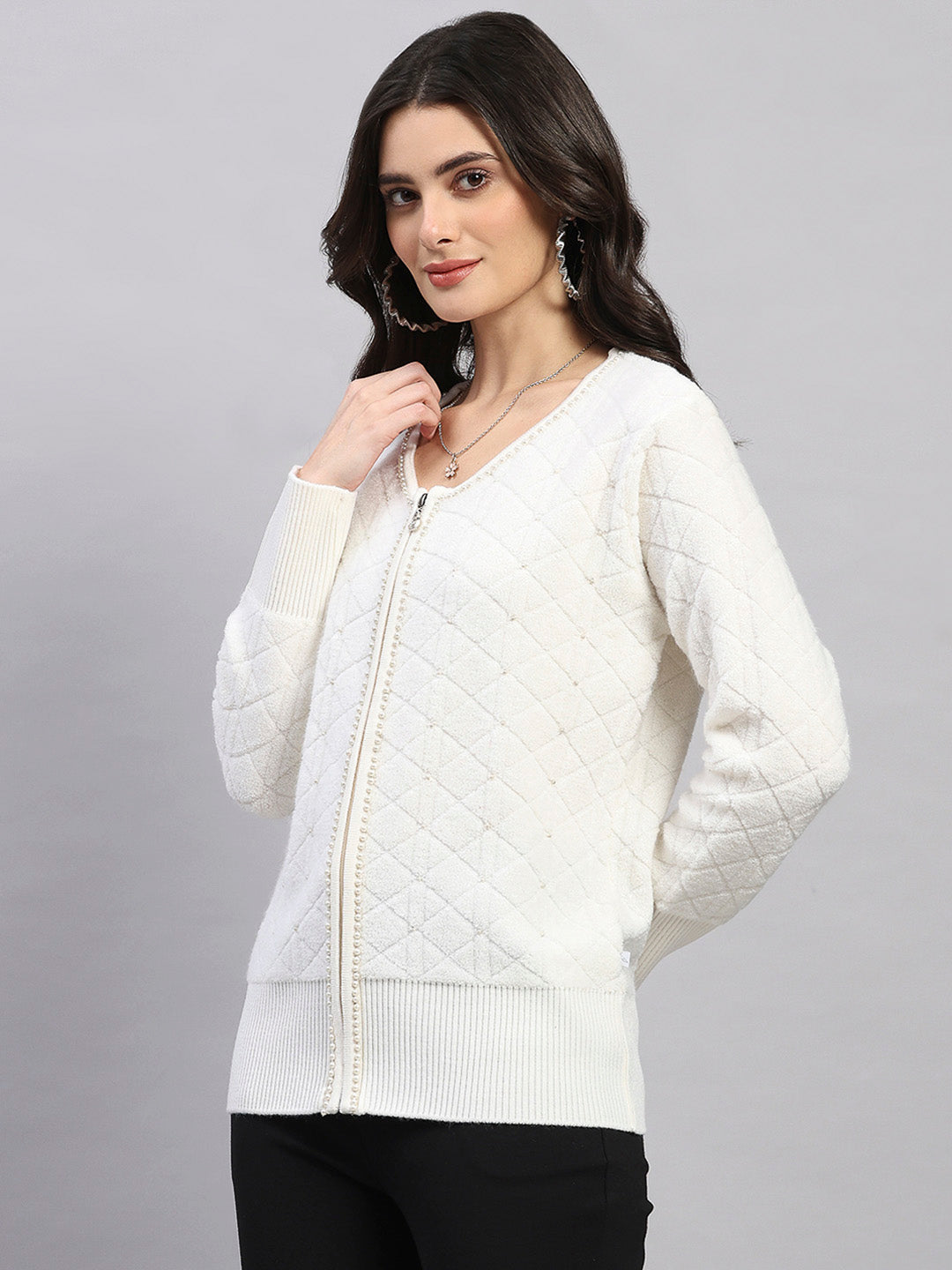 Women Off White Self Design Turtle Neck Full Sleeve Cardigan