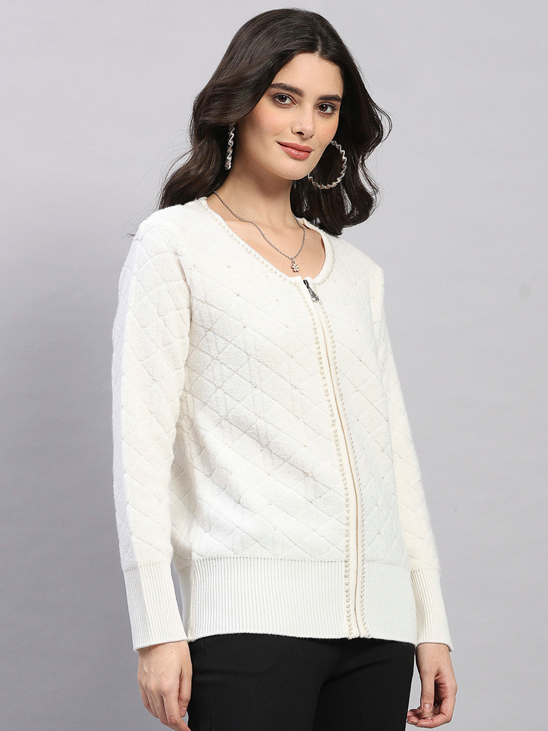 Women Off White Self Design Turtle Neck Full Sleeve Cardigan