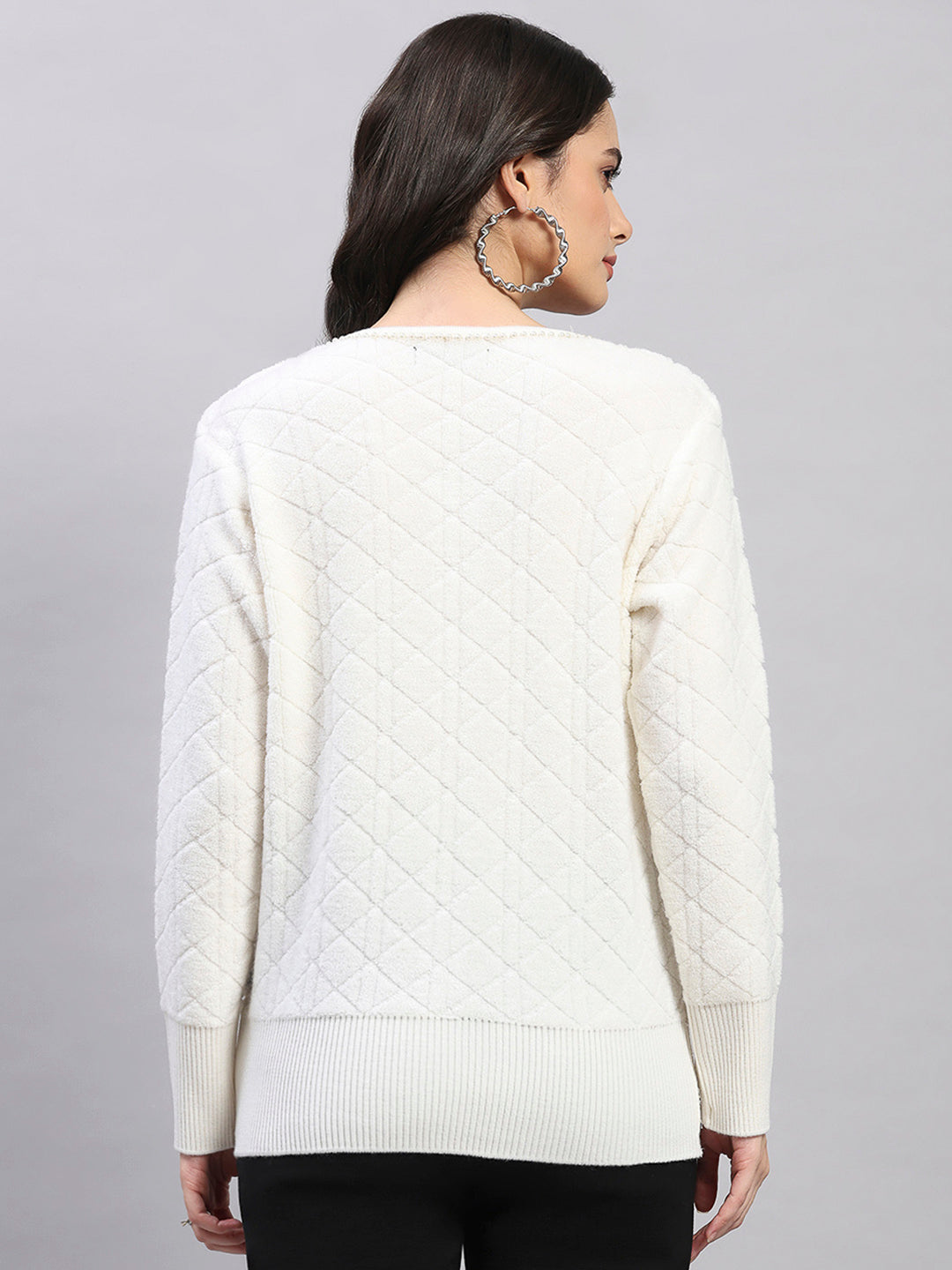 Women Off White Self Design Turtle Neck Full Sleeve Cardigan