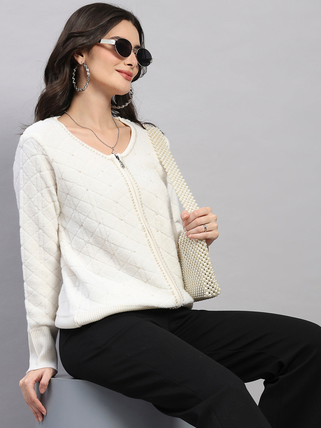Women Off White Self Design Turtle Neck Full Sleeve Cardigan