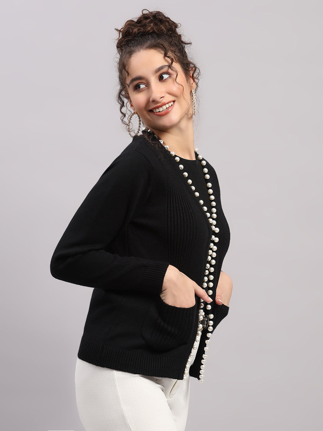 Women Black Self Design V Neck Full Sleeve Cardigan