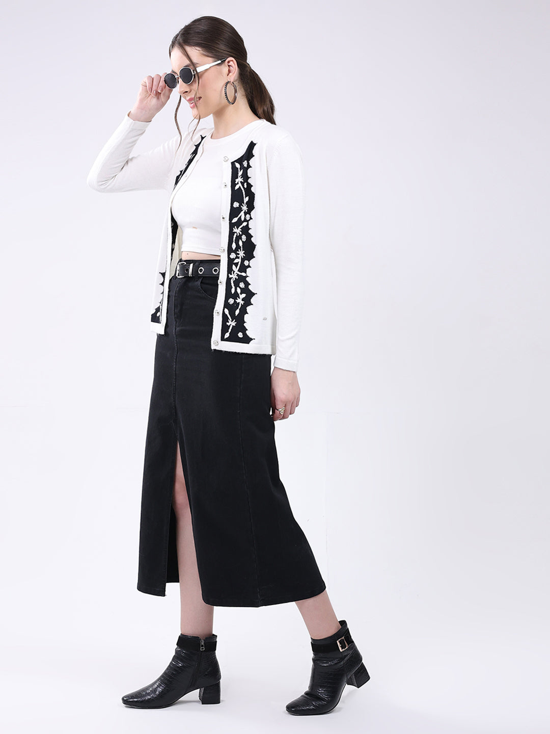 Women White Self Design Round Neck Full Sleeve Cardigan