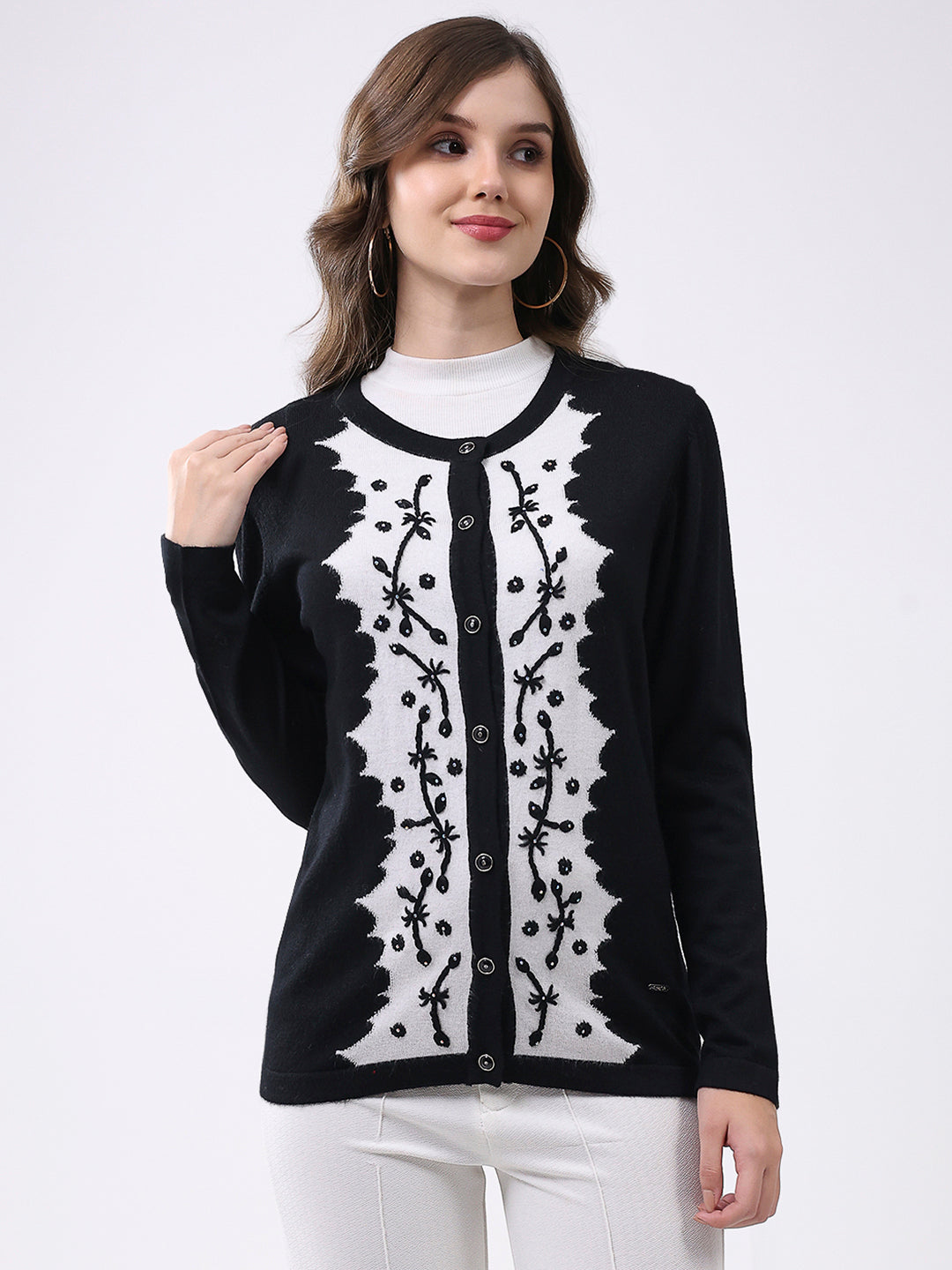 Women Black Self Design Round Neck Full Sleeve Cardigan