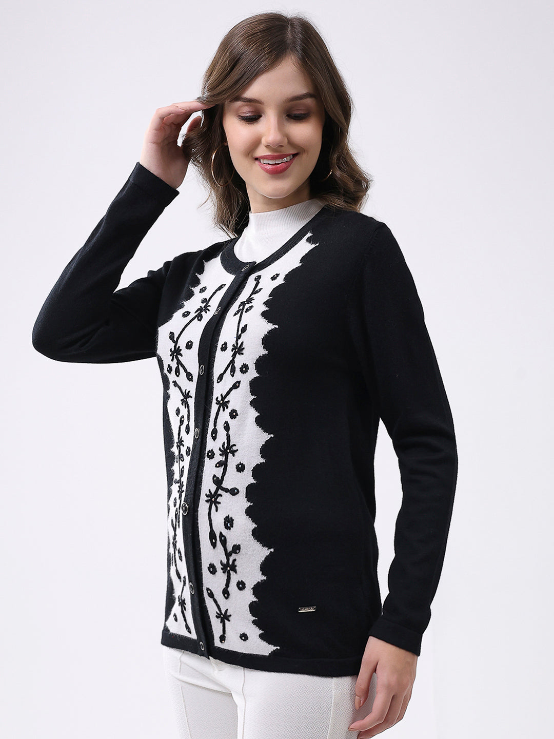 Women Black Self Design Round Neck Full Sleeve Cardigan