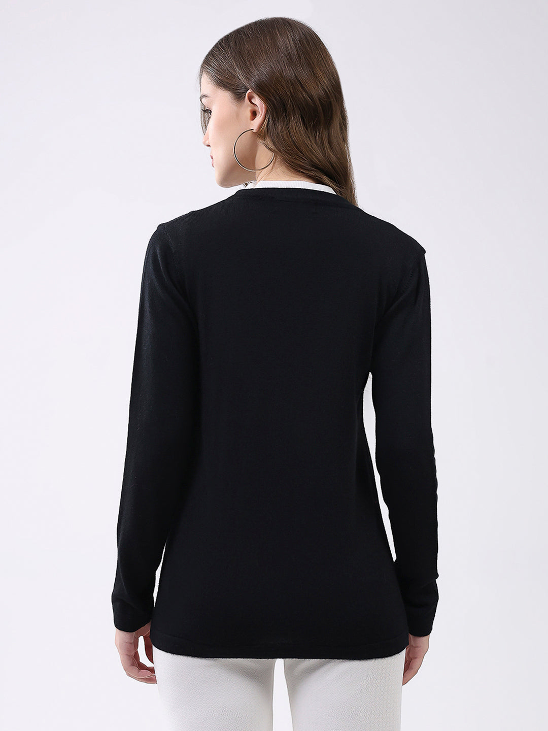 Women Black Self Design Round Neck Full Sleeve Cardigan