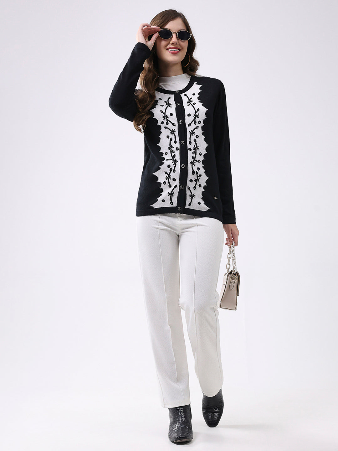 Women Black Self Design Round Neck Full Sleeve Cardigan