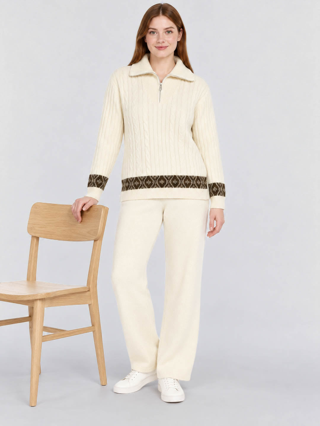 Women White Jacquard Round Neck Full Sleeve Cords Set