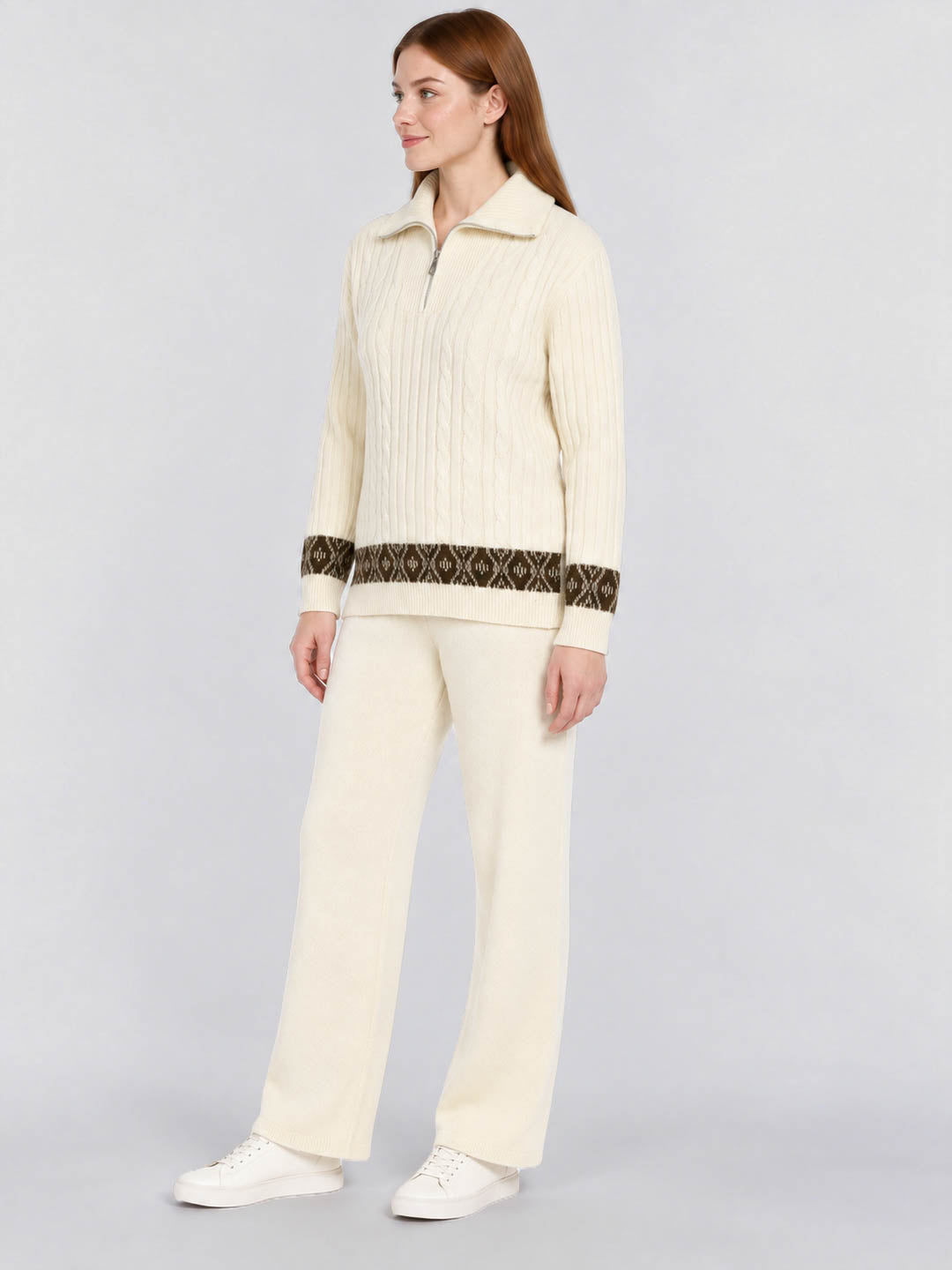 Women White Jacquard Round Neck Full Sleeve Cords Set