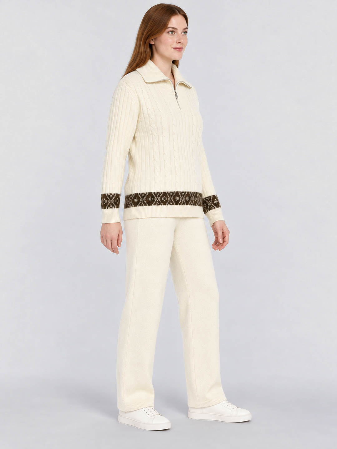 Women White Jacquard Round Neck Full Sleeve Cords Set