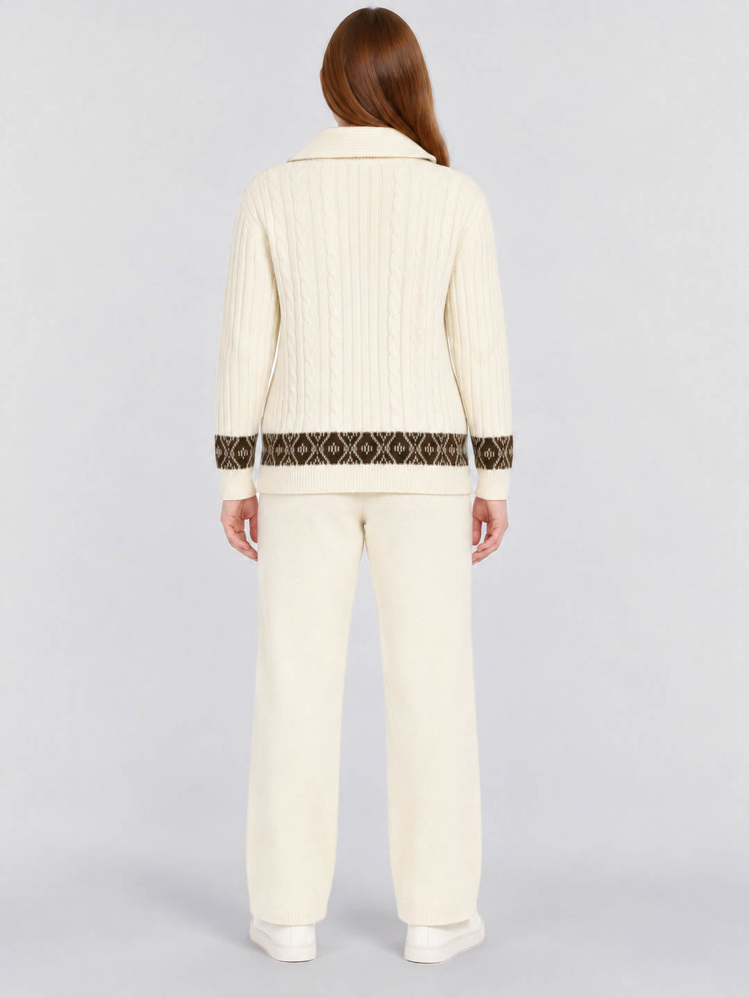 Women White Jacquard Round Neck Full Sleeve Cords Set