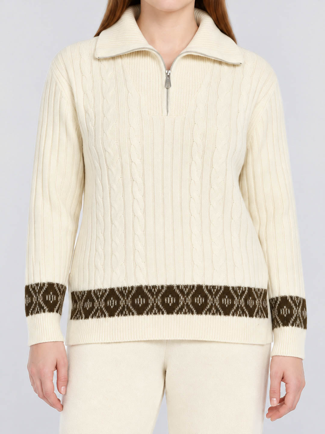 Women White Jacquard Round Neck Full Sleeve Cords Set