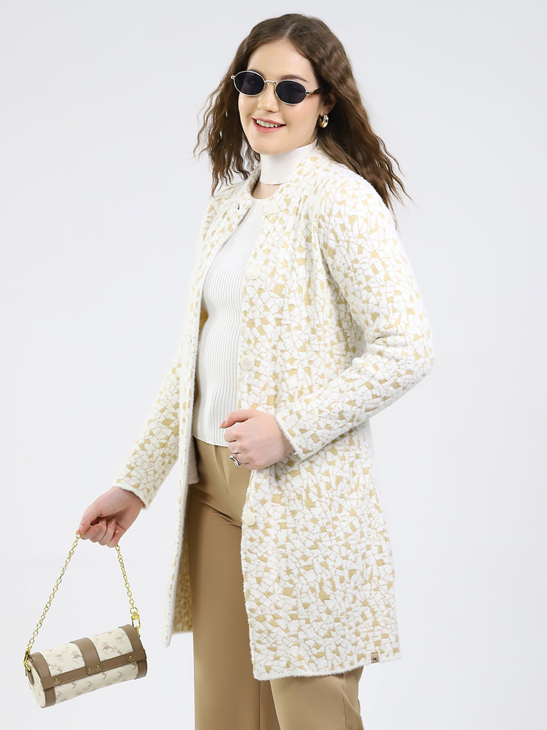 Women White Printed Round Neck Full Sleeve Knitted Coat