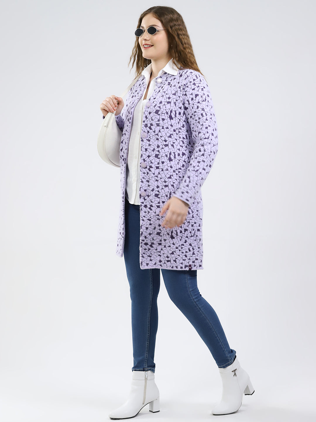 Women Purple Printed Round Neck Full Sleeve Knitted Coat