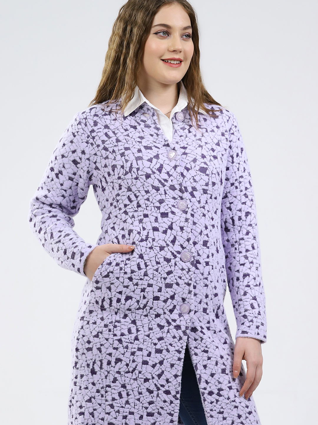 Women Purple Printed Round Neck Full Sleeve Knitted Coat