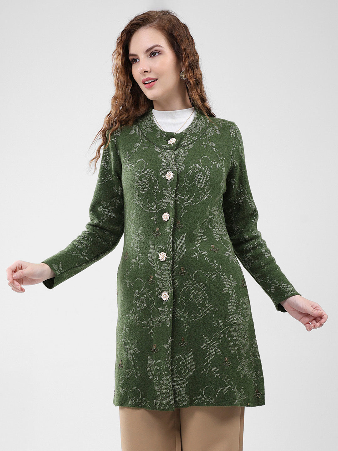 Women Olive Self Design Round Neck Full Sleeve Knitted Coat