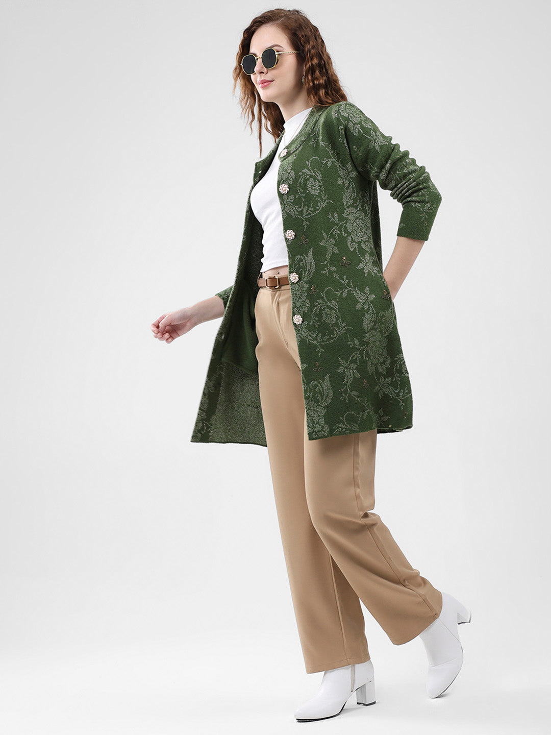 Women Olive Self Design Round Neck Full Sleeve Knitted Coat