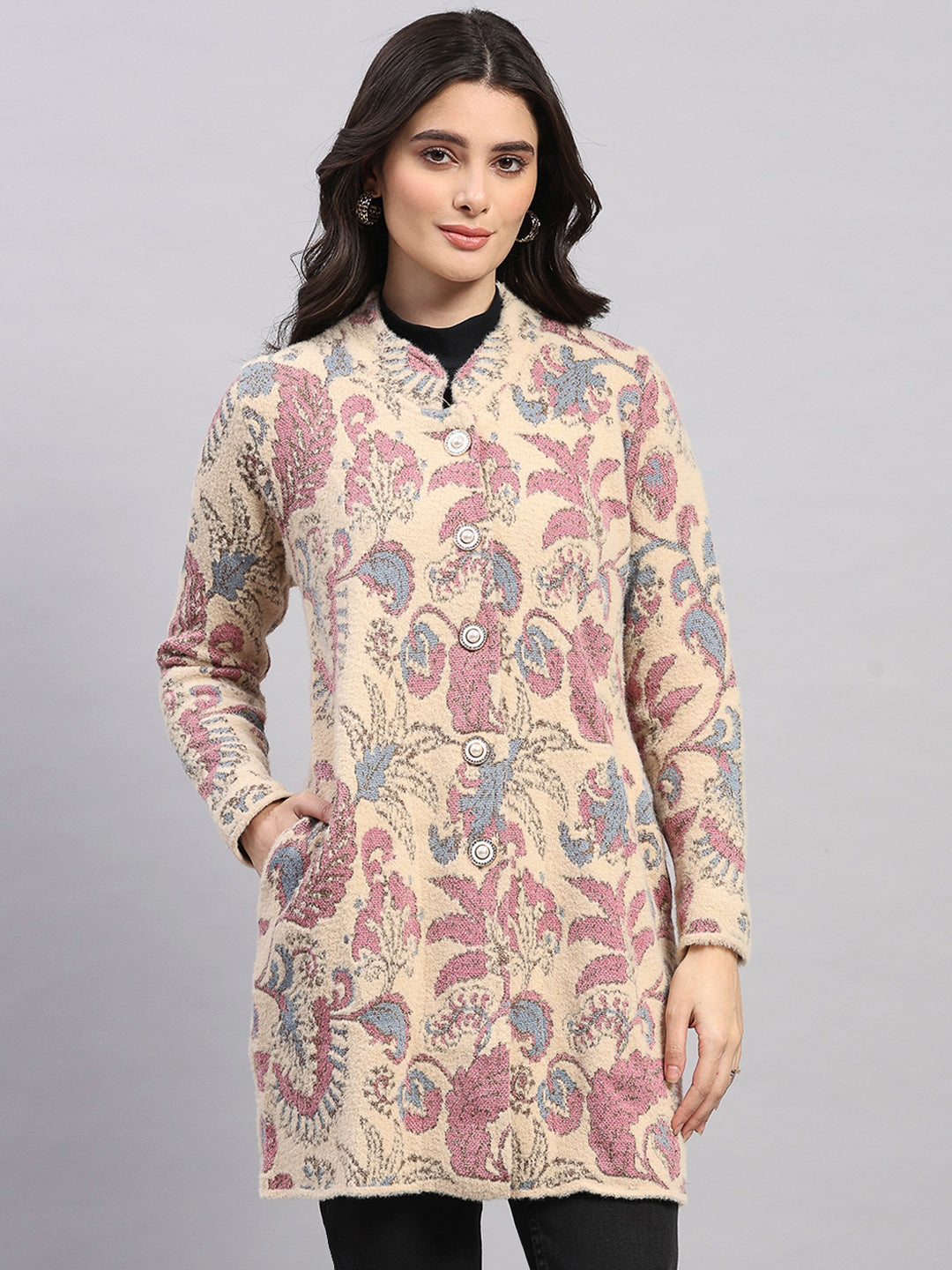 Women Pink Self Design Round Neck Full Sleeve Knitted Coat