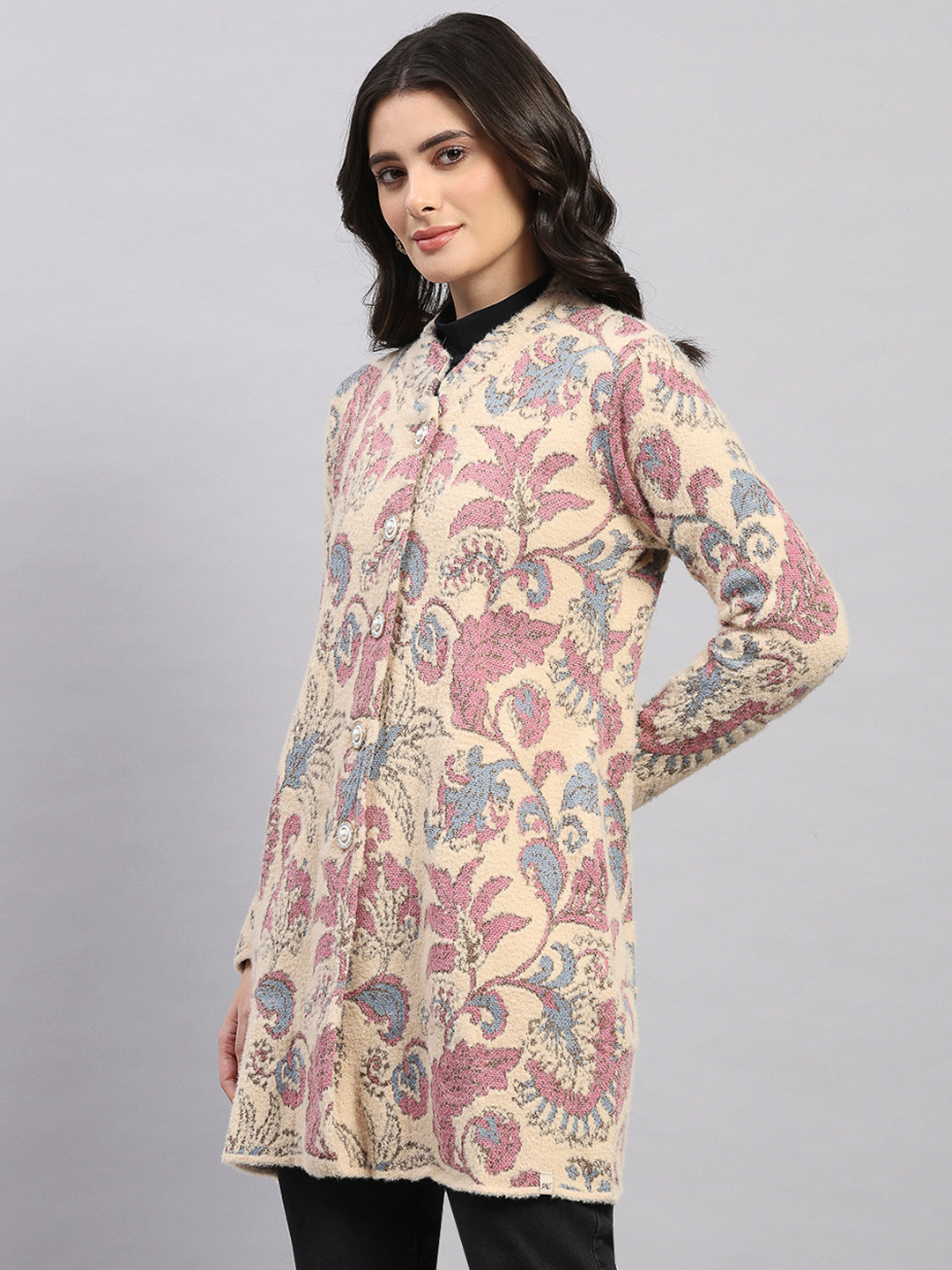 Women Pink Self Design Round Neck Full Sleeve Knitted Coat
