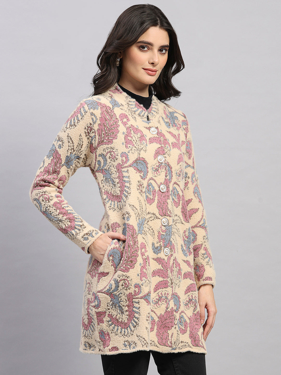 Women Pink Self Design Round Neck Full Sleeve Knitted Coat