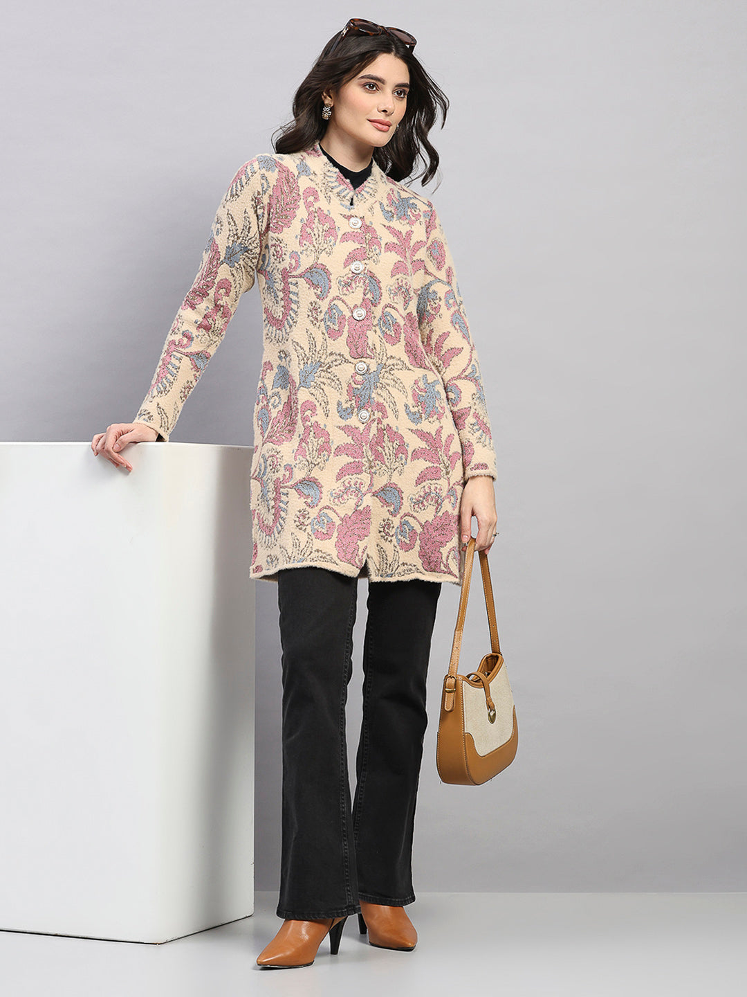 Women Pink Self Design Round Neck Full Sleeve Knitted Coat