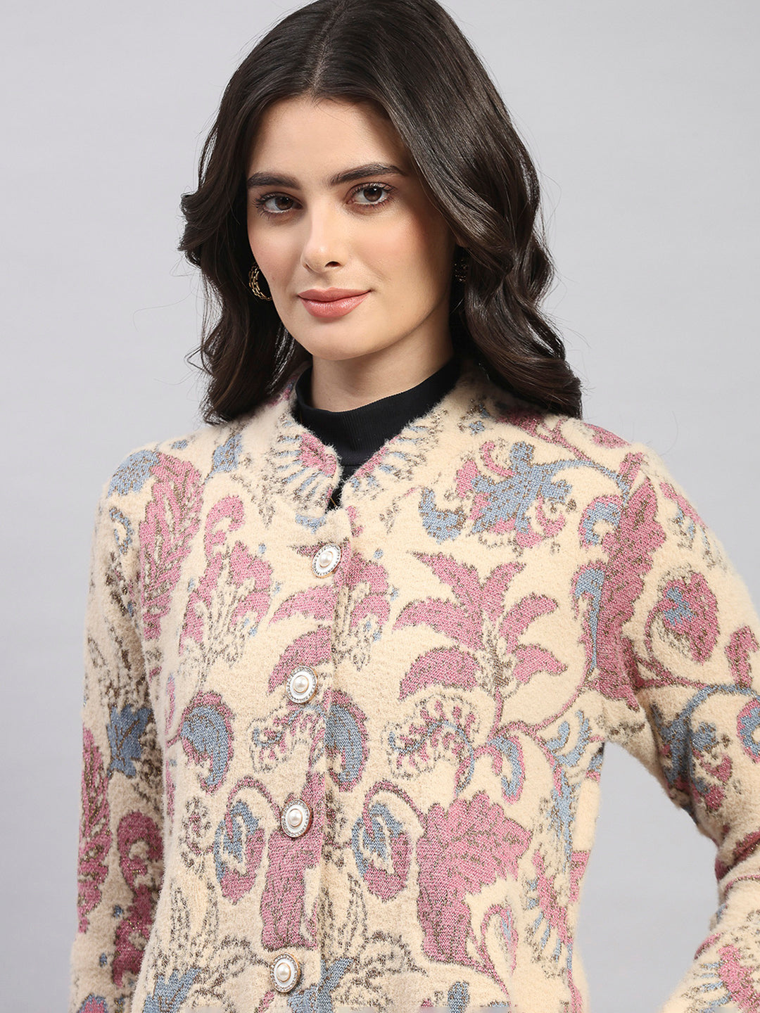 Women Pink Self Design Round Neck Full Sleeve Knitted Coat