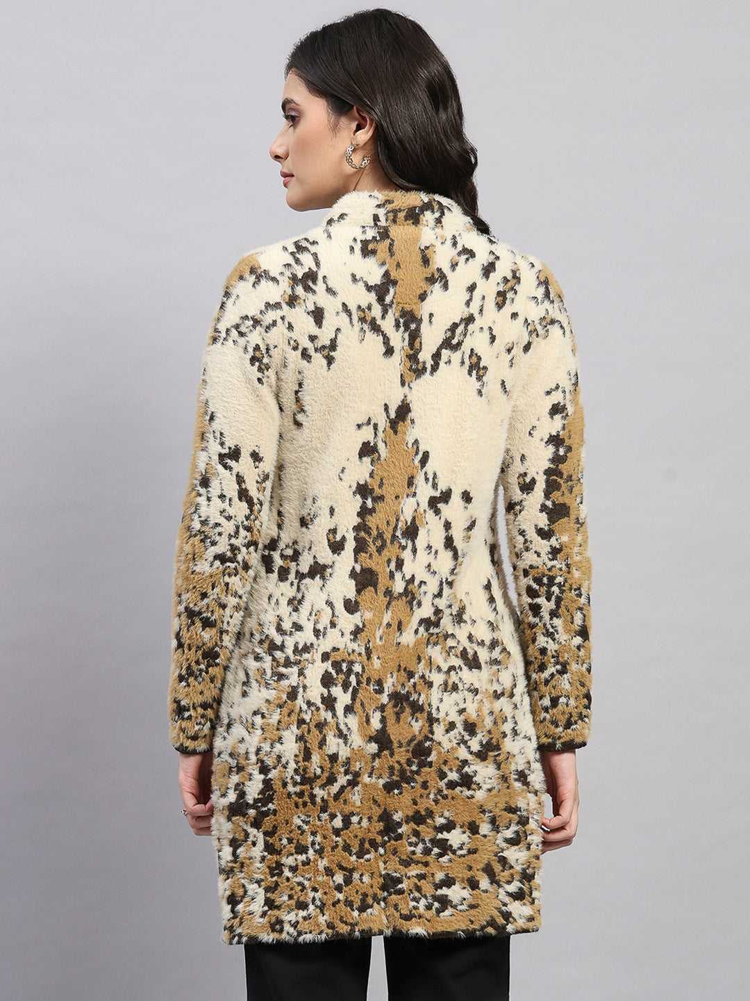 Women Multicolor Self Design Round Neck Full Sleeve Knitted Coat