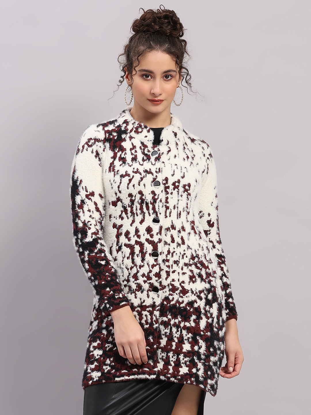 Women Multicolor Self Design Round Neck Full Sleeve Knitted Coat