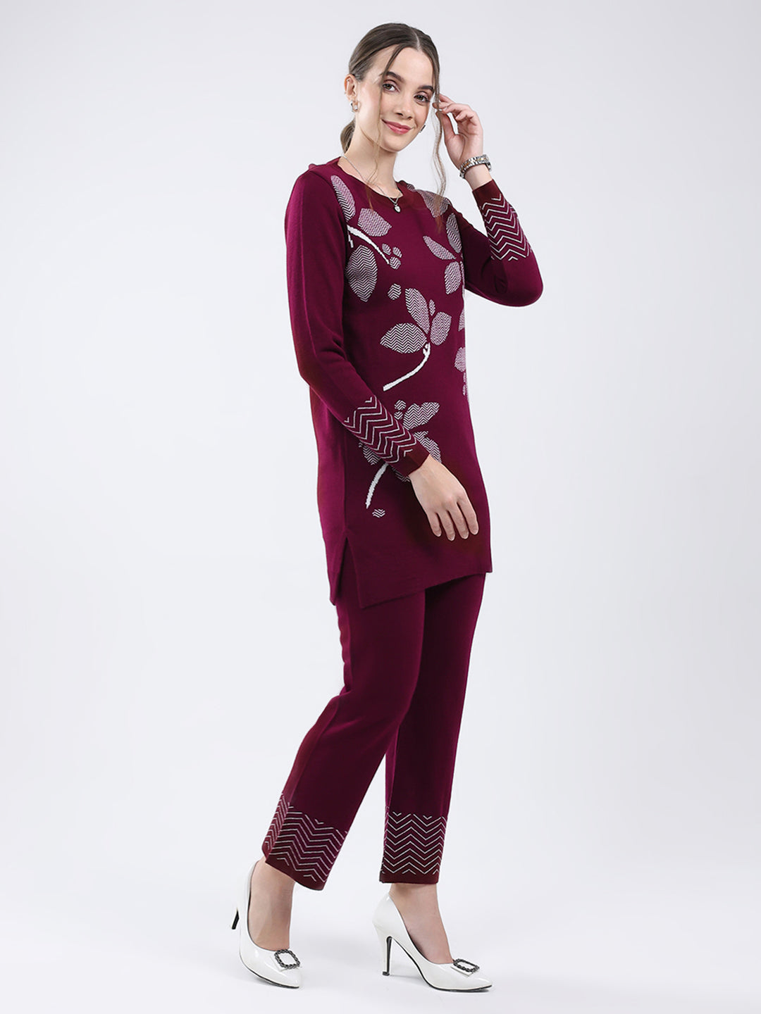 Women Burgundy Self Design Round Neck Full Sleeve Cords Set