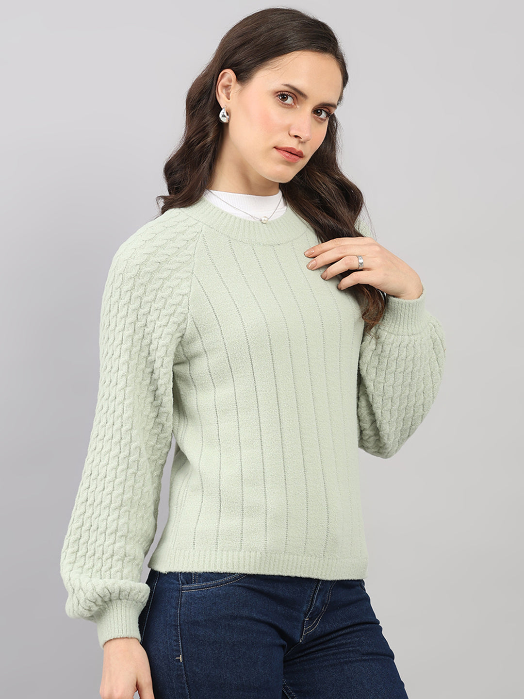 Women Green Solid Round Neck Full Sleeve Winter Top
