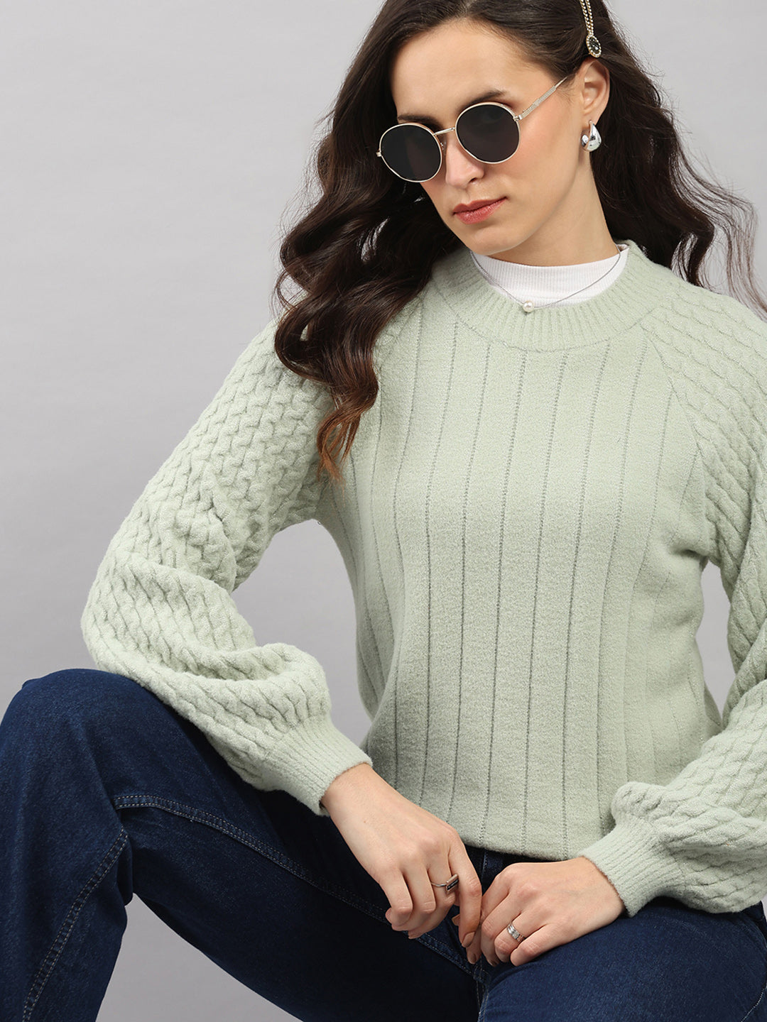 Women Green Solid Round Neck Full Sleeve Winter Top
