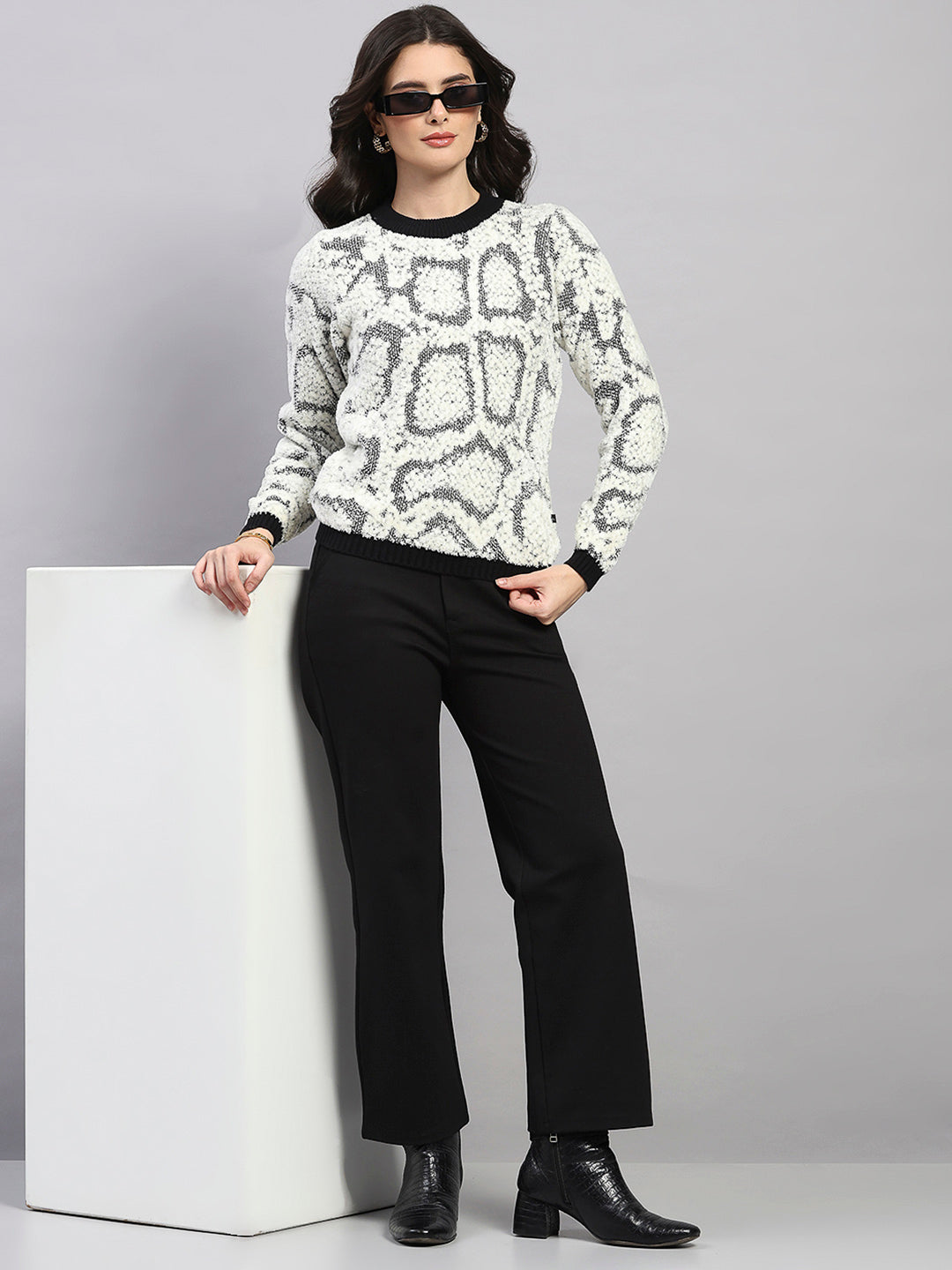 Women White Self Design Round Neck Full Sleeve Winter Top