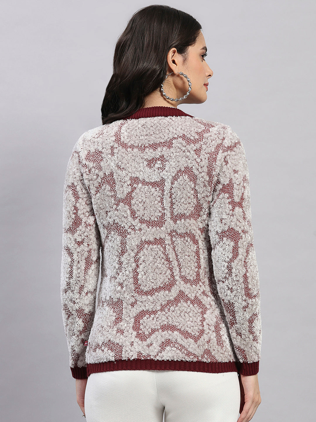 Women Maroon Self Design Round Neck Full Sleeve Winter Top